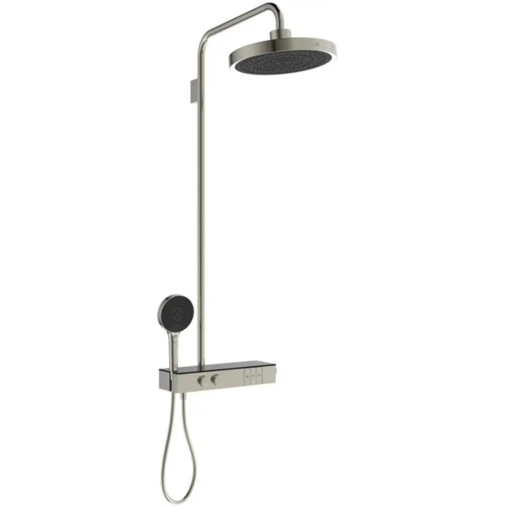 Duschsystem mit Brausethermostat und LED-Leuchtring in Silver Storm von Ideal Standard, bestehend aus overhead Dusche und Handbrause an einem vertikalen Gestänge.
